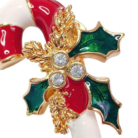 Enamel Candy Cane Christmas Pin Rhinestone Holly Festive Brooch Holiday Jewelry - Picture 5 of 8